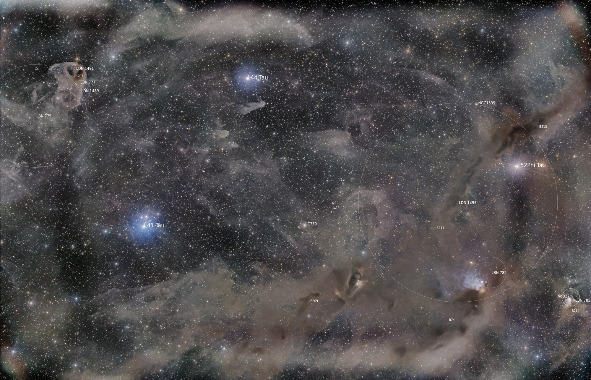 The dark nebulae in the constellation Taurus are only 450 light years away from Earth. Dark nebulae are birthplaces of young stars whose formation is being researched in this cloud.